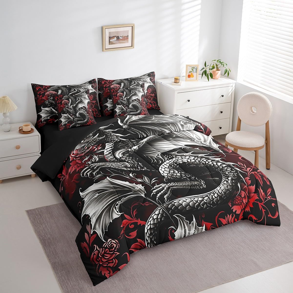 jejeloiu Kids Medieval Fantasy Dragon Comforter Set 7 Pieces Full Size Red Rose Bedding Set for Boys Girls Damask Print Bed Set Bed in a Bag with Comforter, Sheets, Pillowcases & Cushion Covers