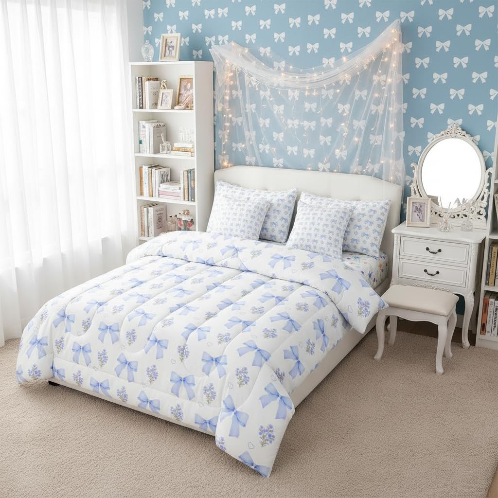 Erosebridal Bow 7 Piece Comforter Set King Bed in a Bag for Girls Kids,Girly Blue Floral Coquette Bedding Sets for Child Bow Knot Ribbon Heart Quilt Dreamy Princess Style Sheet Set with Comforter