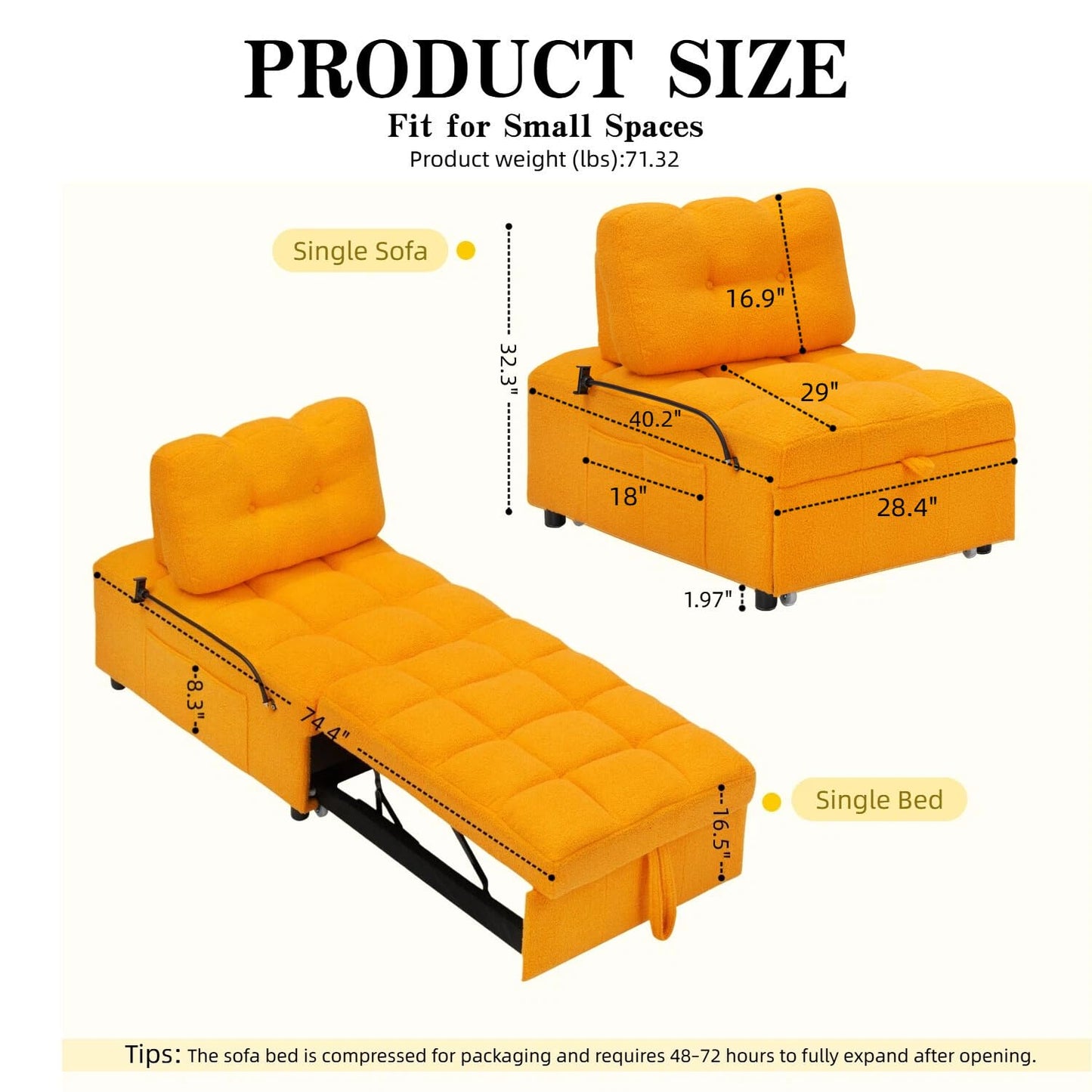 JvFun 40" L Convertible Sofa Bed, 3-in-1 Multifunctional Lounge Sleeper,Pullout Guest Bed with Side Pocket & Phone Holder, Adjustable Backrest | Design for Small Spaces, Living Room & Bedroom,Orange