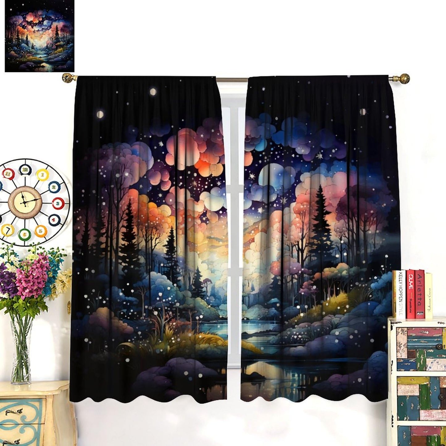 Fantasy Forest Curtains, Colorful Dreamy Mystic Fairy Tale Magic Jungle Under Starry Sky, Thermal Insulation Blackout Rod Pocket Window Treatments for Living Room Bedroom Bathroom (21x45in) x2 Panels