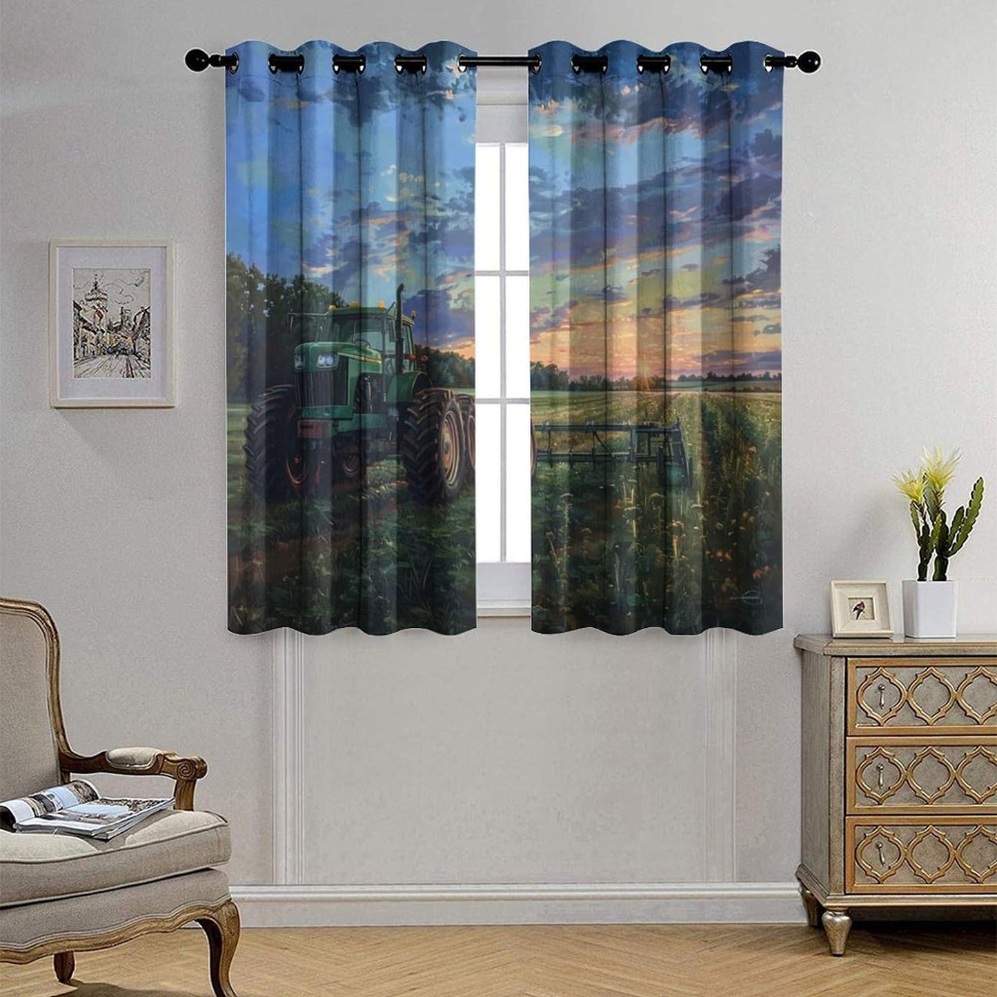 HDESDIS Tractor Rustic Field Curtains for Bedroom, Farmhouse Sunset Sky Grommet Blackout Curtains Thermal Insulated Window Drapes for Living Room, 21W x 45L, 2 Panels