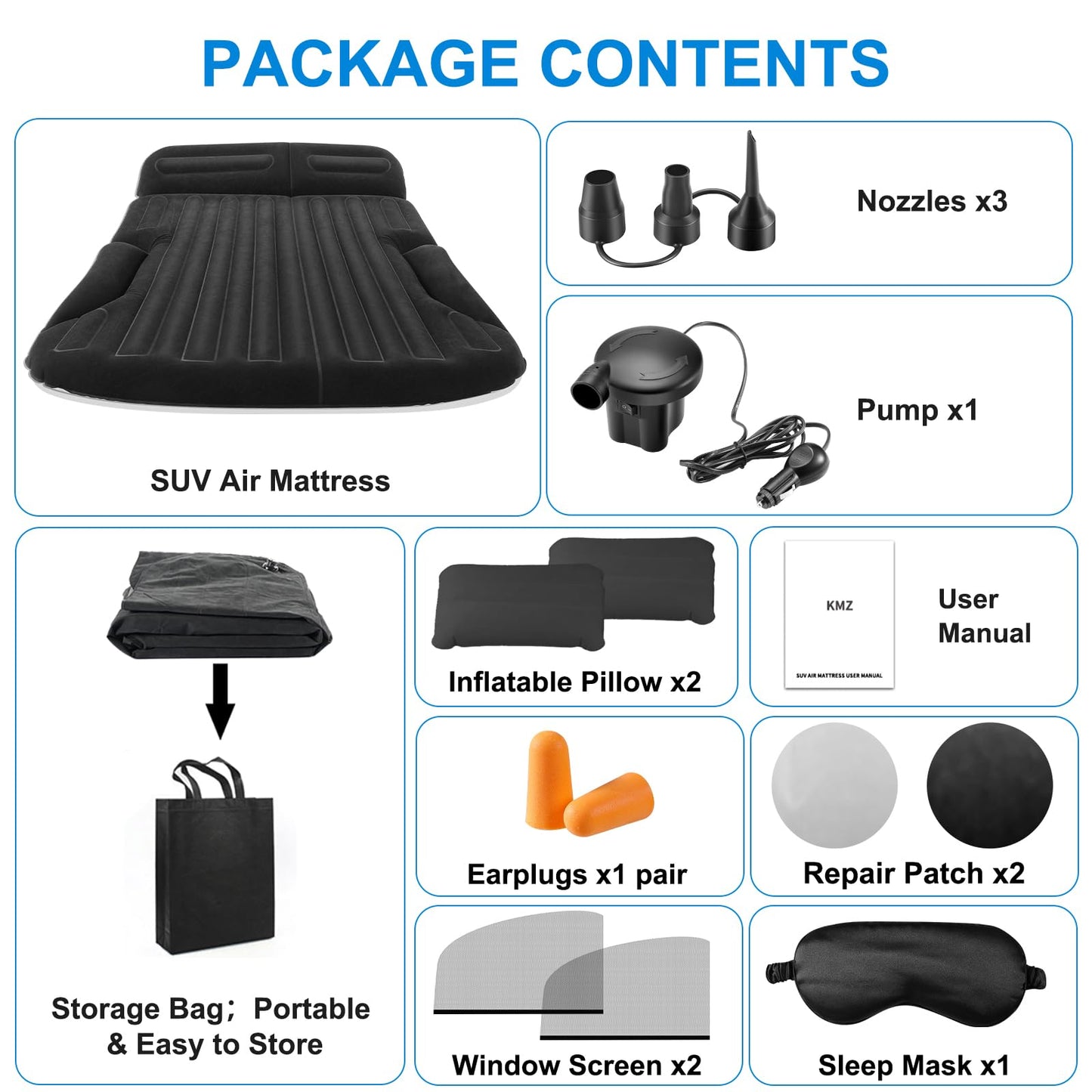KMZ SUV Air Mattress with Electric Pump, Thick Double-Sided Flocked Camping Bed, Includes 2 Pillows & 2 Window Screens, Inflatable Travel Mattress for SUV Trunk and Rear Seat – Black