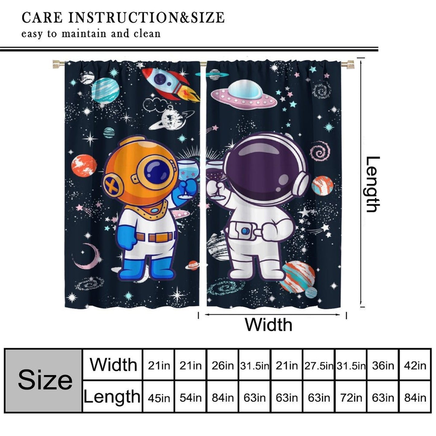 GoDazzling Cartoon Outer Space Curtains, Kids Astronaut Fantasy Window Drapes, for Boys Girls Bedroom Living Room 41" W X 45" L (No Blackout)