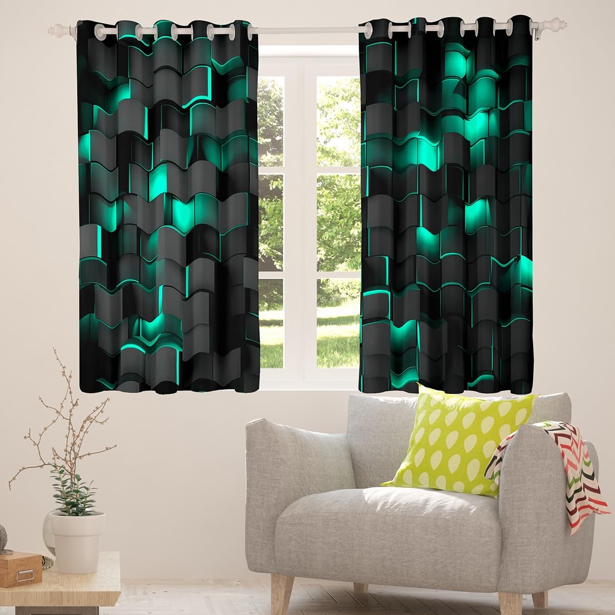 Feelyou Teal Blue and Black Darkening Drapes (2 Panels, 52 x 63 Inch) Light Geometric Curtains for Bedroom Living Room Blackout Curtains for Modern Window Treatments