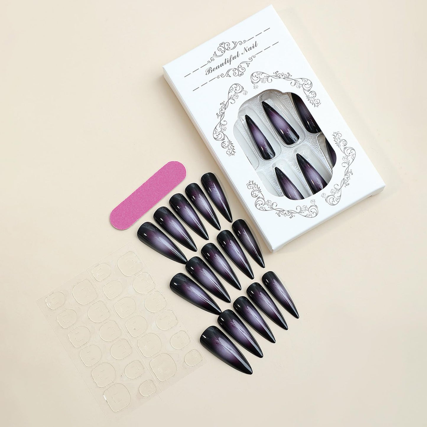 SINHOT Press on Nails Long Stiletto Fake Nails Glossy Glue on Nails Goth Black Acrylic Nail Sharp Almond Artificial Nail Purple Ombre Aura Stick on False Nail with Design 24 pcs