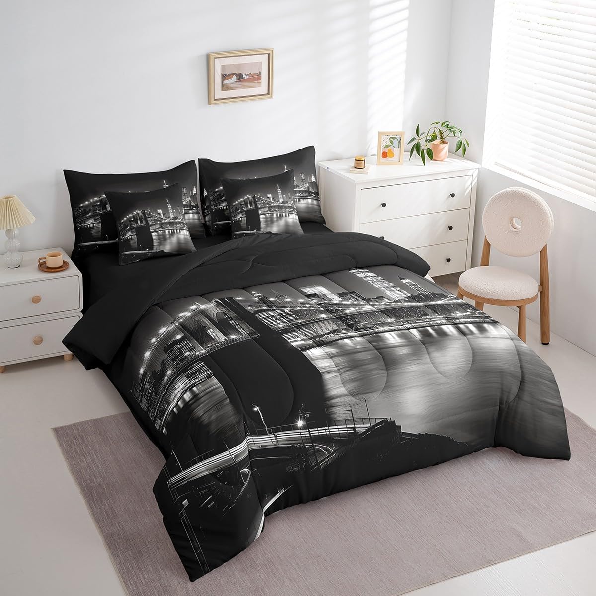 jejeloiu Cityscape Bed Set Twin Size Modern Bridge 7 Pieces Bedding Set for Kids Boys Girls Tall Building Decor Bed in a Bag with Comforter, Sheets, Pillowcases Breathable Lighting Bedroom Decor