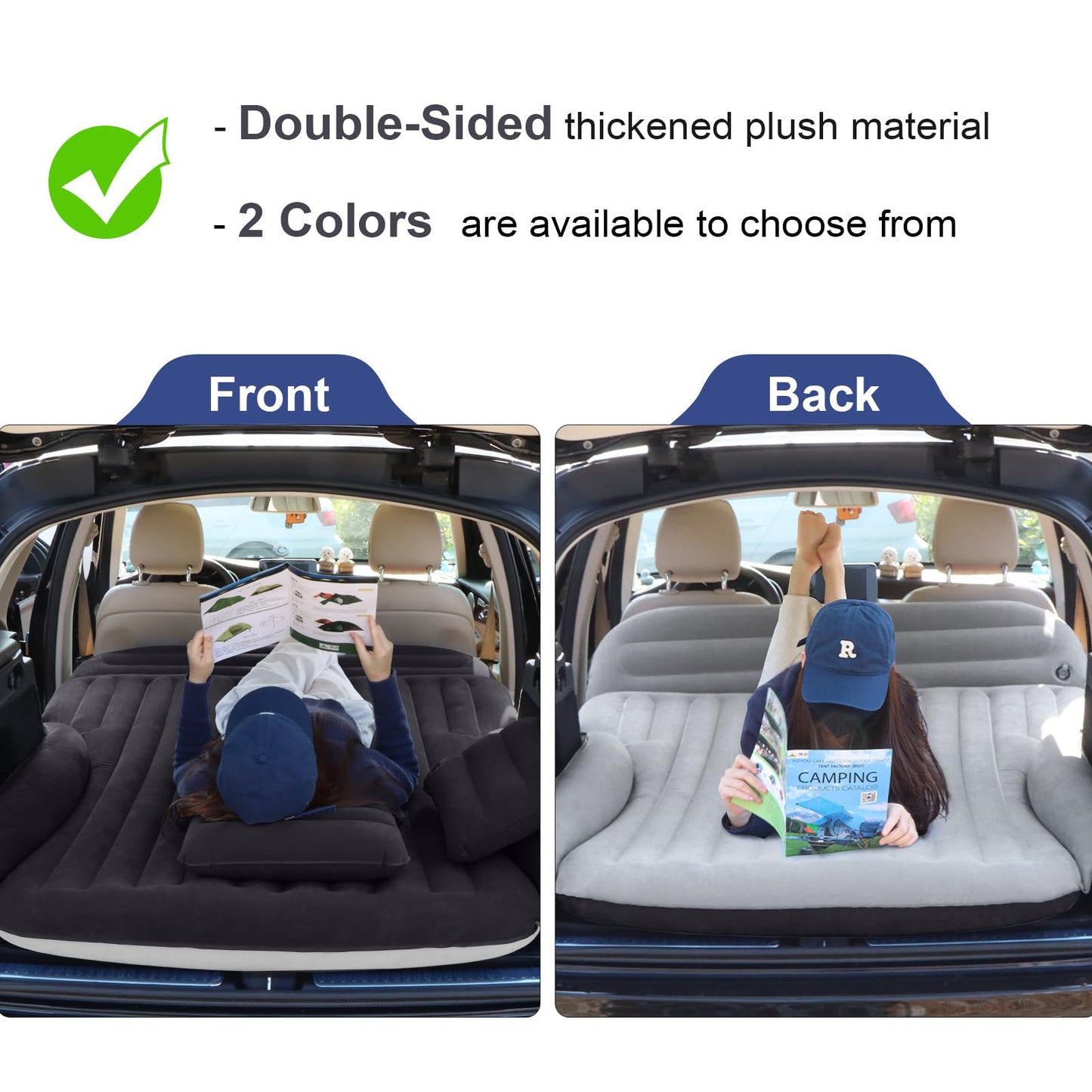 Ciremiv SUV Air Mattress, Double-Sided Thick Flocked Car Air Mattress with Built-in Pump & Pillow, Complete Sleeping Accessories for Auto Camping & Road Trips（Blue Black）