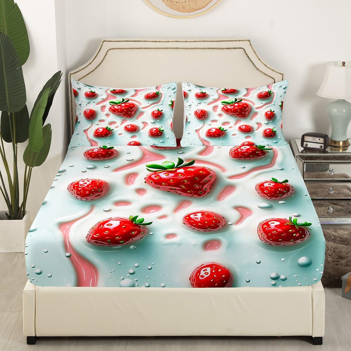 Erosebridal Strawberry Flat Fitted Sheet Kawaii Fruit Bed Set Full Cute Strawberries Bed Sheets Set for Kids Girls Adult Dessert Cream Lightweight Bedding Sets, Pink White with 2 Pillow Cases