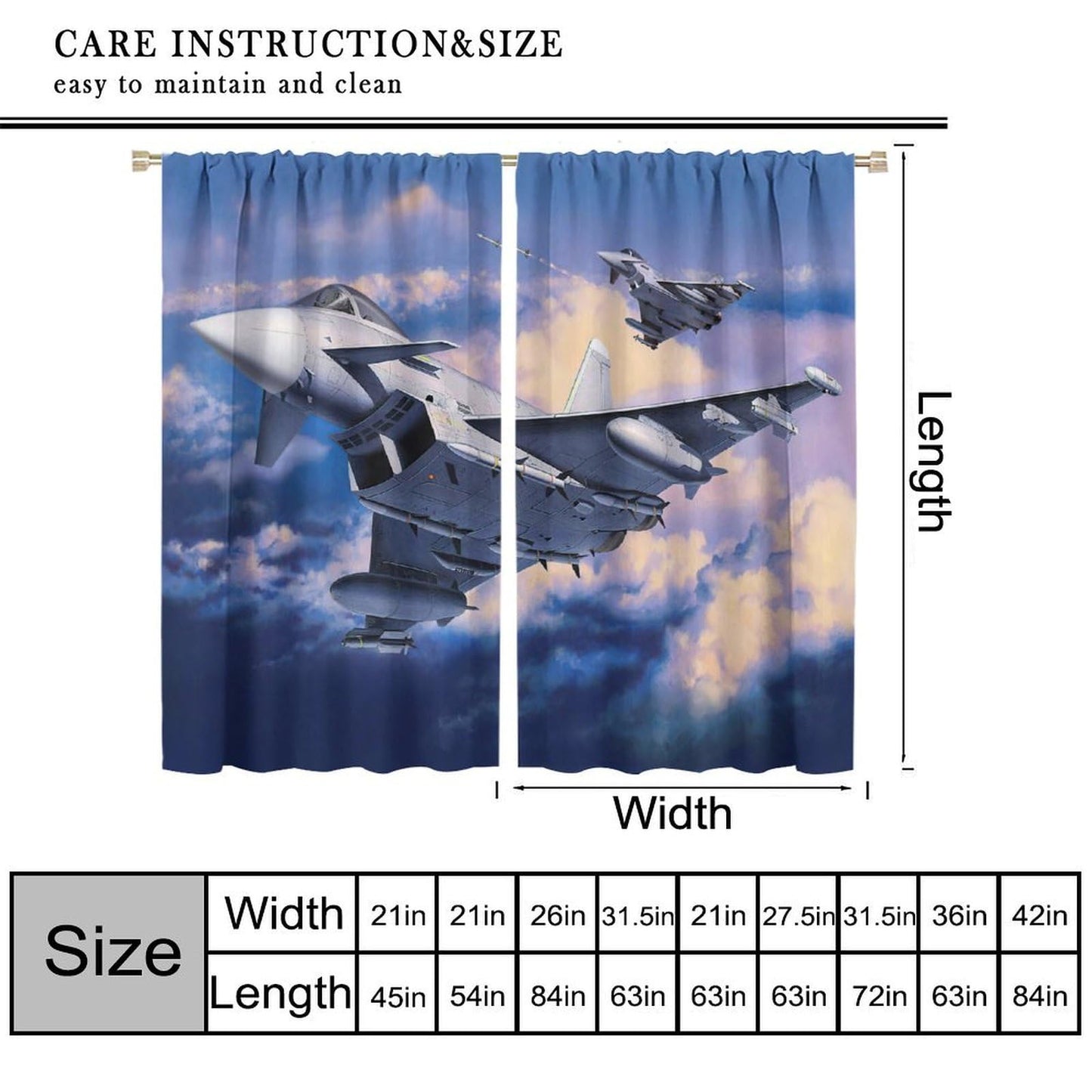 VUMIVI Fighter Jet Curtains European Combat Aircraft Typhoon Rafale Soaring 3D Close-Up Military Theme Rod Pocket Window Treatments for Boys Bedroom Kitchen Living Dining Room Office 42" W X 44.5" L