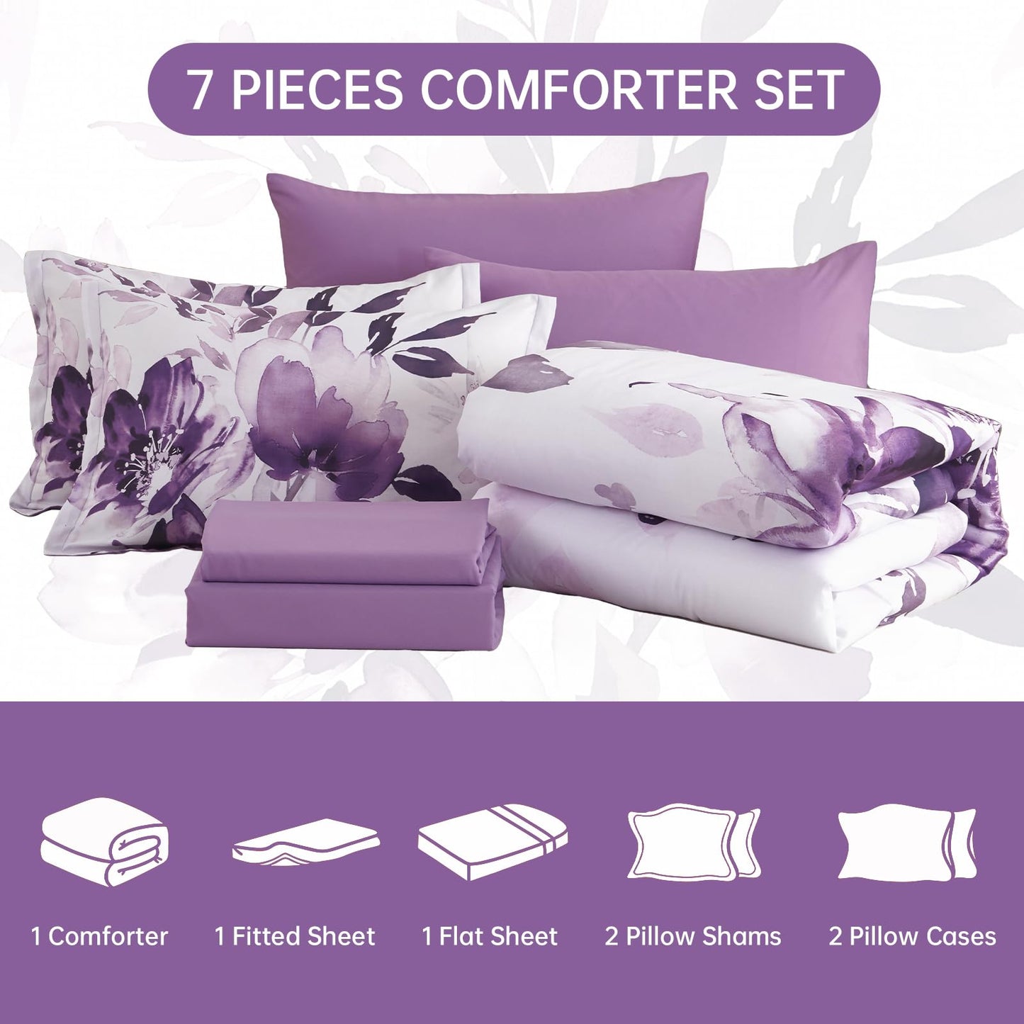 Luxudecor Floral Comforter Set Queen Size, 7 Piece Purple Flower Set Bed in a Bag,Soft Microfiber Farmhouse Shabby Chic Bedding Set for All Seasons(90"x90")