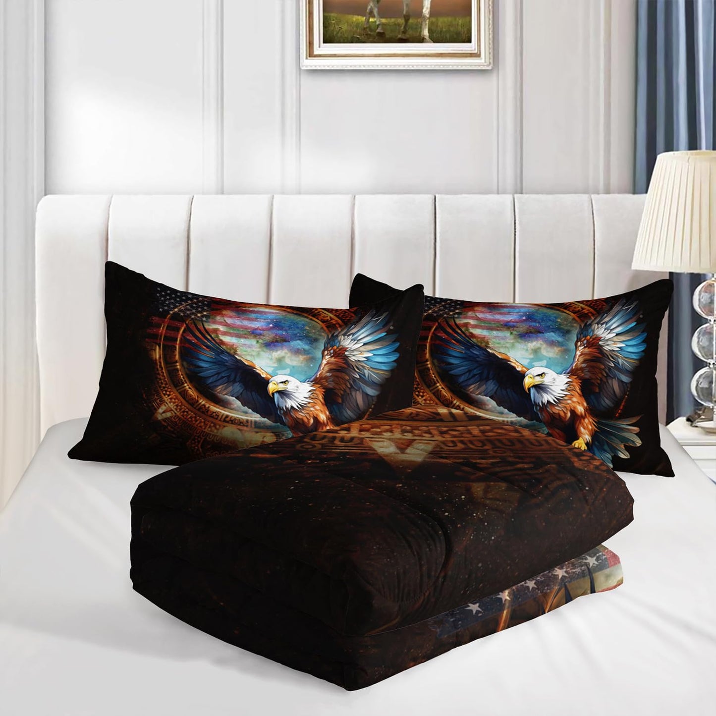 Nttopship Eagle American Flag Comforter Set,3 Pieces Eagle Bedding Queen Size United States Flag Lightweight Down Alternative Comforter 2 Pillowcase All Seasons