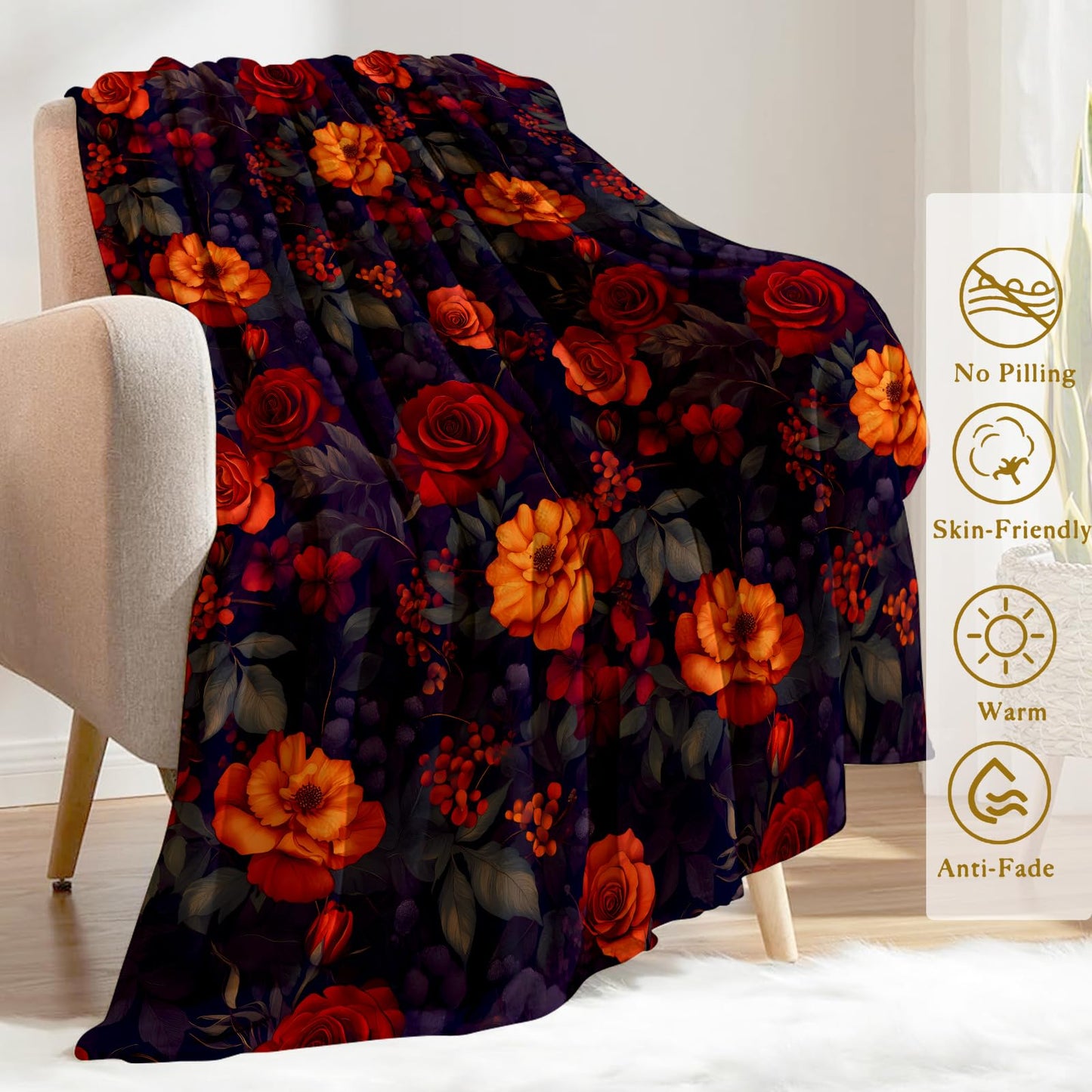 ainori Gothic Red & Orange Rose Flannel Blanket - Dramatic Floral Design with Deep Hue Lush Bloom Throw - Soft Cozy Gifts Blankets for Elegant Decor, Flower Lovers, Room Home Accent 50x60in