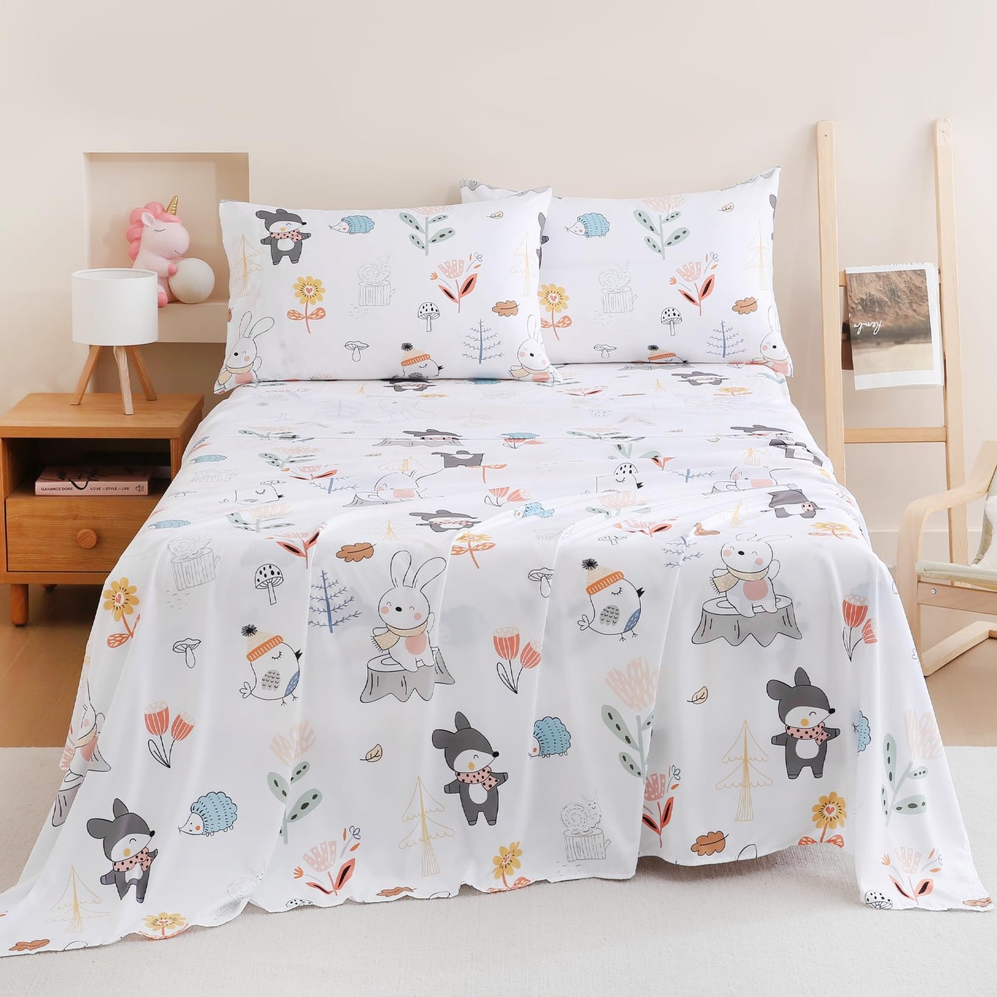 Yibeizi Woodland Animals Sheet Set Twin, Kids Forest Floral Camper Themed Print Bedsheets Microfiber Deep Pocket Cute Patterned Bed Sheet & Pillowcase Sets 3 Pieces
