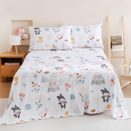Yibeizi Woodland Animals Sheet Set Twin, Kids Forest Floral Camper Themed Print Bedsheets Microfiber Deep Pocket Cute Patterned Bed Sheet & Pillowcase Sets 3 Pieces