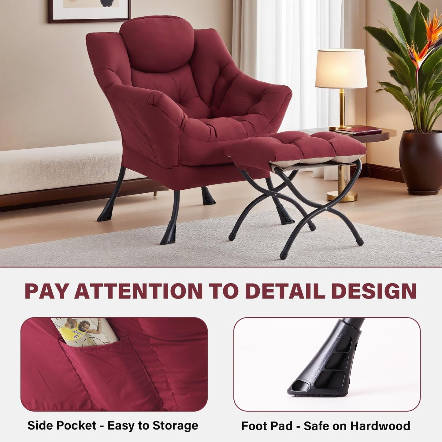 YOTATING Lazy Chair with Ottoman, Lounge Accent Arm Chair with Armrests, Side Pocket and Footrest, Leisure Upholstered Sofa Reading Chair with Footstool for Living Room Bedroom, Burgundy