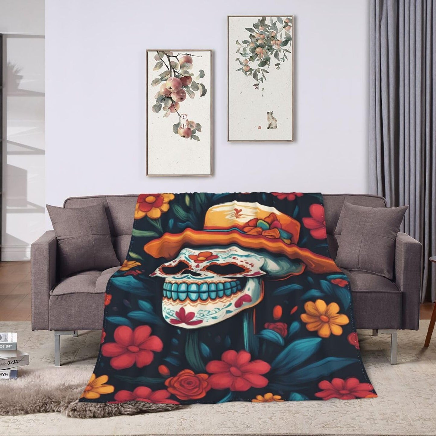 Colorful Skull and Flowers Throw Blanket Soft Lightweight Flannel Fleece Blanket 50"X40" for Bed Sofa Couch Camping Travel