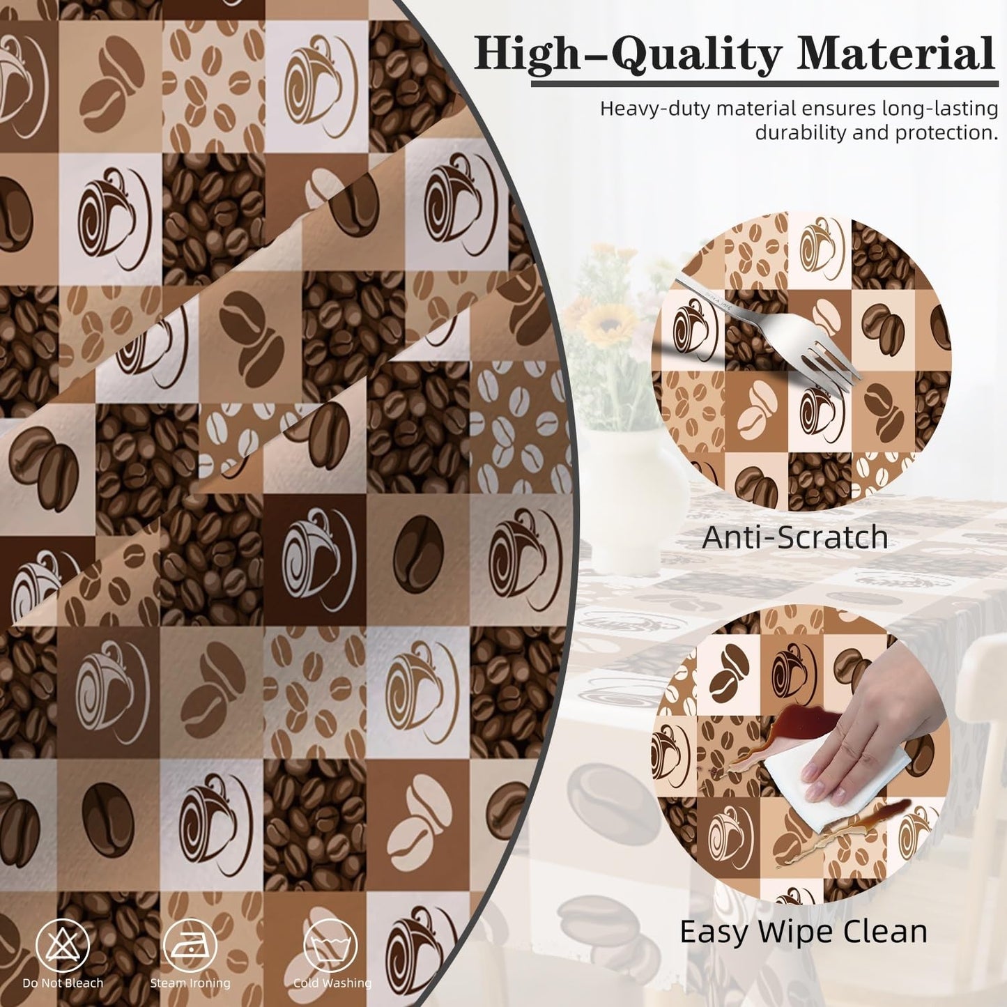Laeacco 84x60 inch Coffee Beans Print Tablecloth Coffee Cup Hand Drawn Sketch Rectangle Tablecloth Rerto Plaid Waterproof Home Table Cloth for Dining Room Kitchen Cafe Table Decor