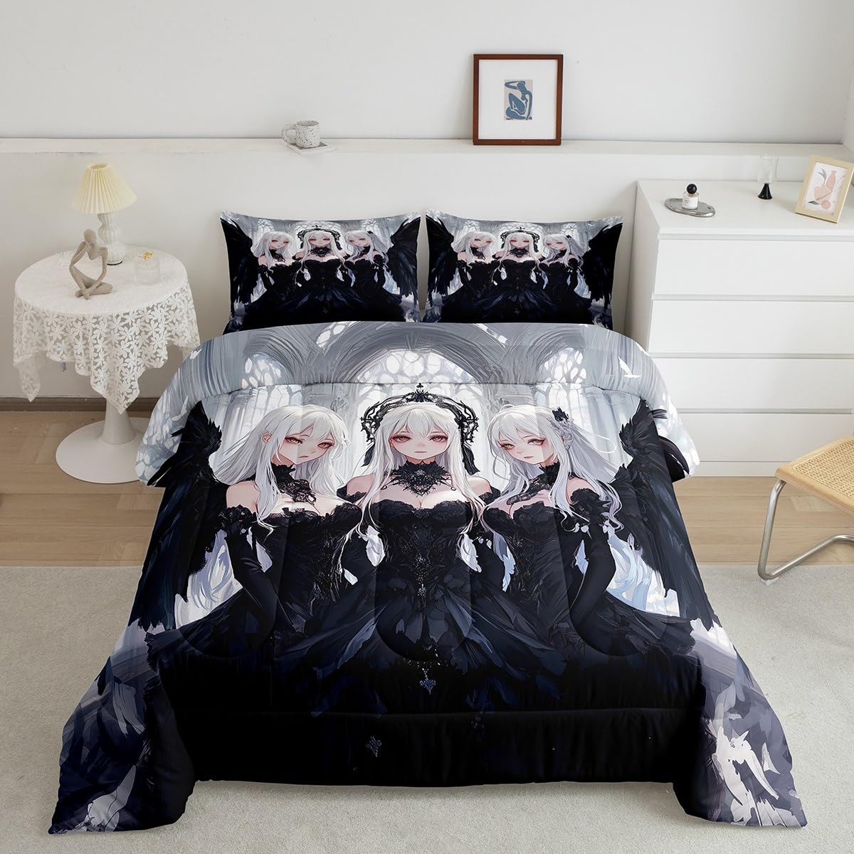 Erosebridal Japanese Anime Full Size Comforter Set, Anime Girl Bedding Set Kawaii Japanese Style Quilt Cartoon Japan Animation Duvet Insert for Boys Teens Adult Women Bedroom Decor, Black