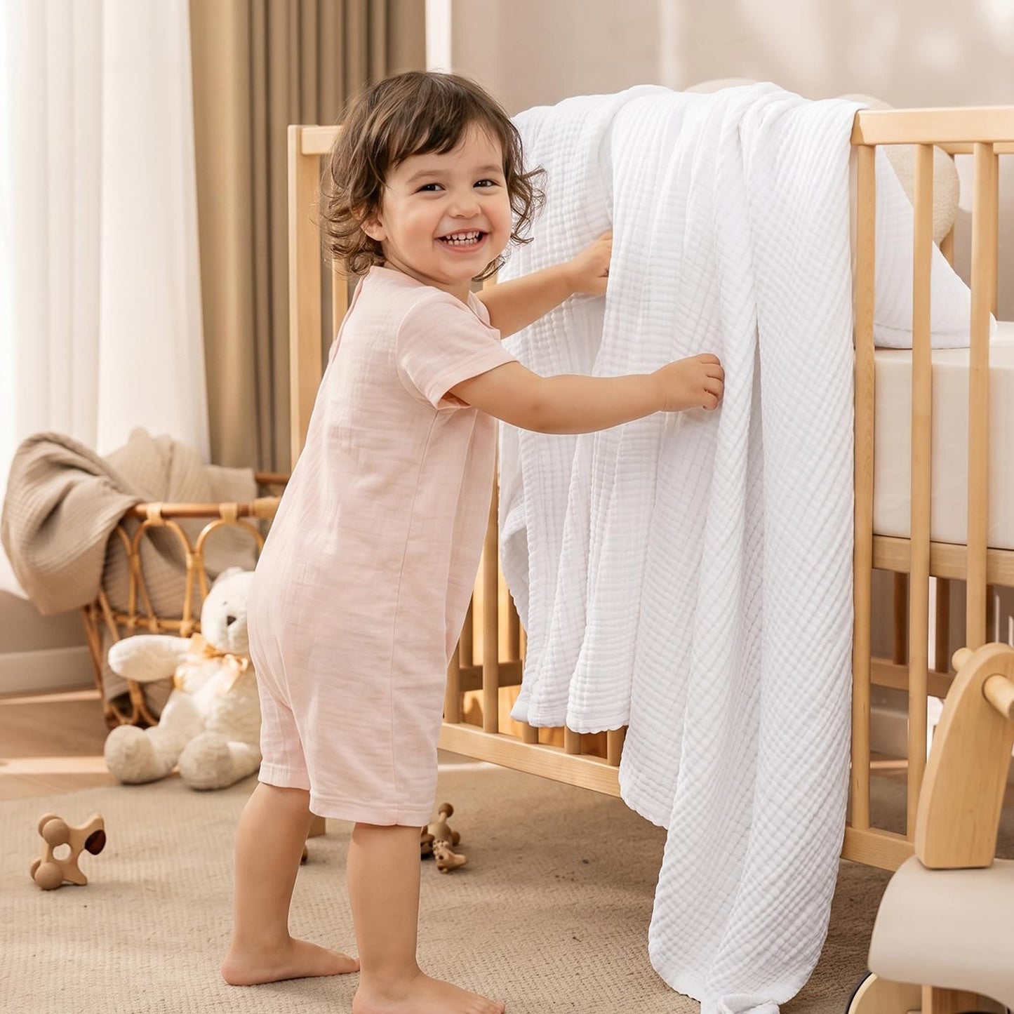 PHF 100% Cotton Muslin Throw Blanket 50" x 60", 4-Layer Lightweight Gauze Throw, Breathable Cloud-Soft Minimalist Blanket for Bed, Couch, Camping & Baby, White, Ideal Gift