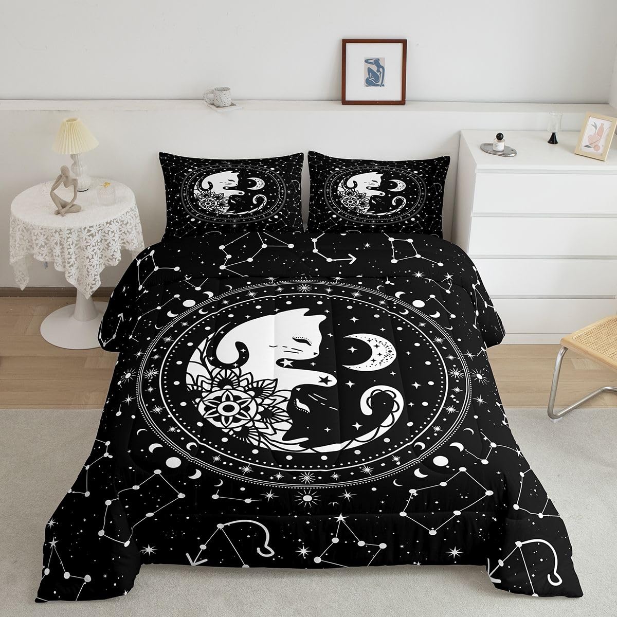 Cute Cats Comforter Set Twin,Gothic Star Sky Moon Constellation Bedding Set 2pcs for Kids Teens Boy Girls Room Decor,Animals Flower Plants Quilt Set Black Exotic Duvet Insert with 1 Pillowcase