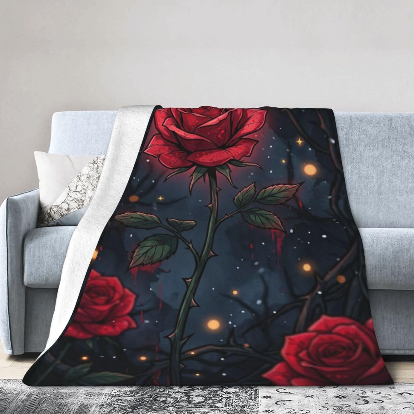 Gothic Red Thorn Rose Dark Glowing Floral Art Print Flannel Blanket