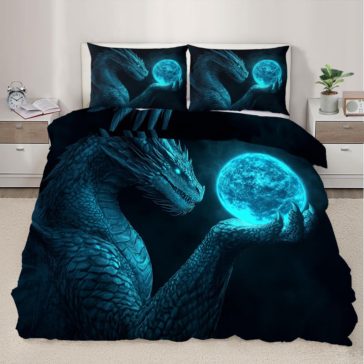 PAISUOQ Western Dragon Duvet Cover King, Magic Dragons Comforter Cover with Zipper Ties, Fantasy Animals Bedding Set, 3 Pieces with 2 Pillow Cases, Home Decor & Gifts