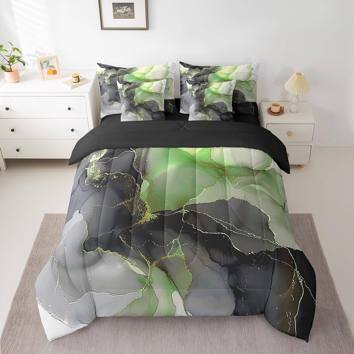 Erosebridal Black and Green Bed in a Bag 7pcs Aesthetic Marble Bedding Set for Girls Women, Foil Print Full Size Comforter Set Mountain Fluid Bedding Comforter Sets, Marbling Bed Set