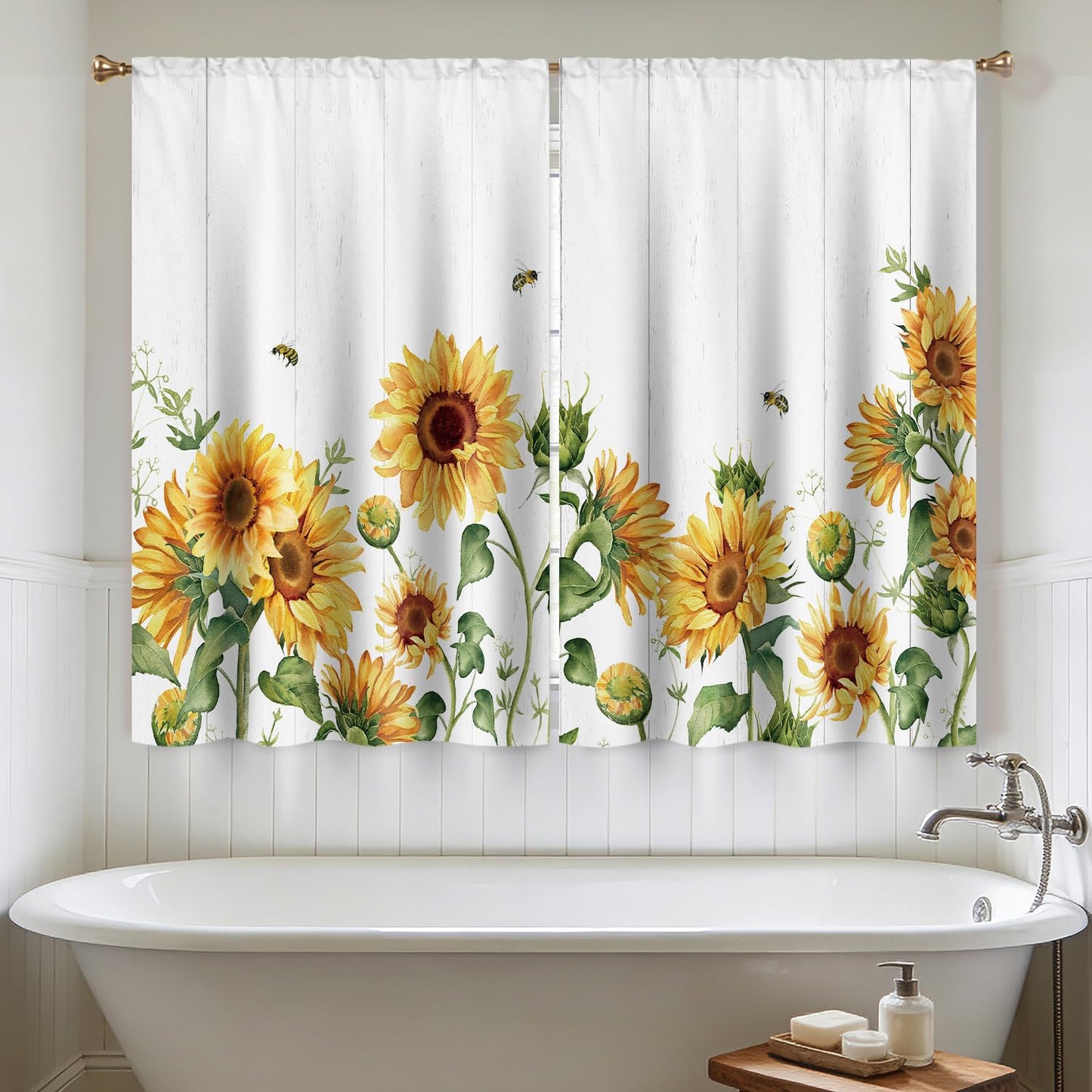 Cizuug Sunflower Farmhouse Kitchen Curtains Yellow Floral Flower Country Rustic Small Short Cafe Window Curtains Country Plant Rod Pocket Bathroom Window Drapes Treatment Curtains 2 Panels