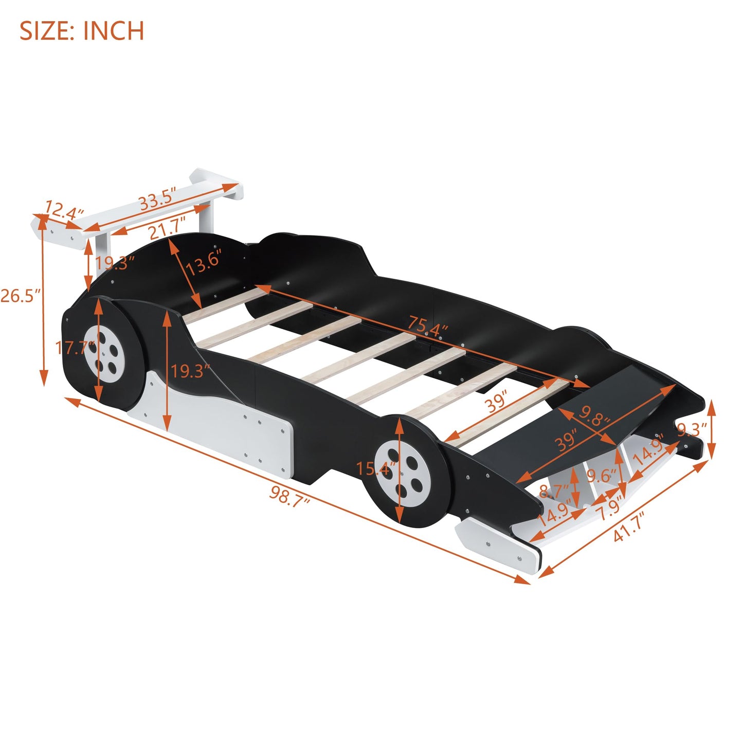 Merax Race Car Bed Frame Twin Size for Boys, Wood Car-Shaped Platform Bed with Wheels, Black