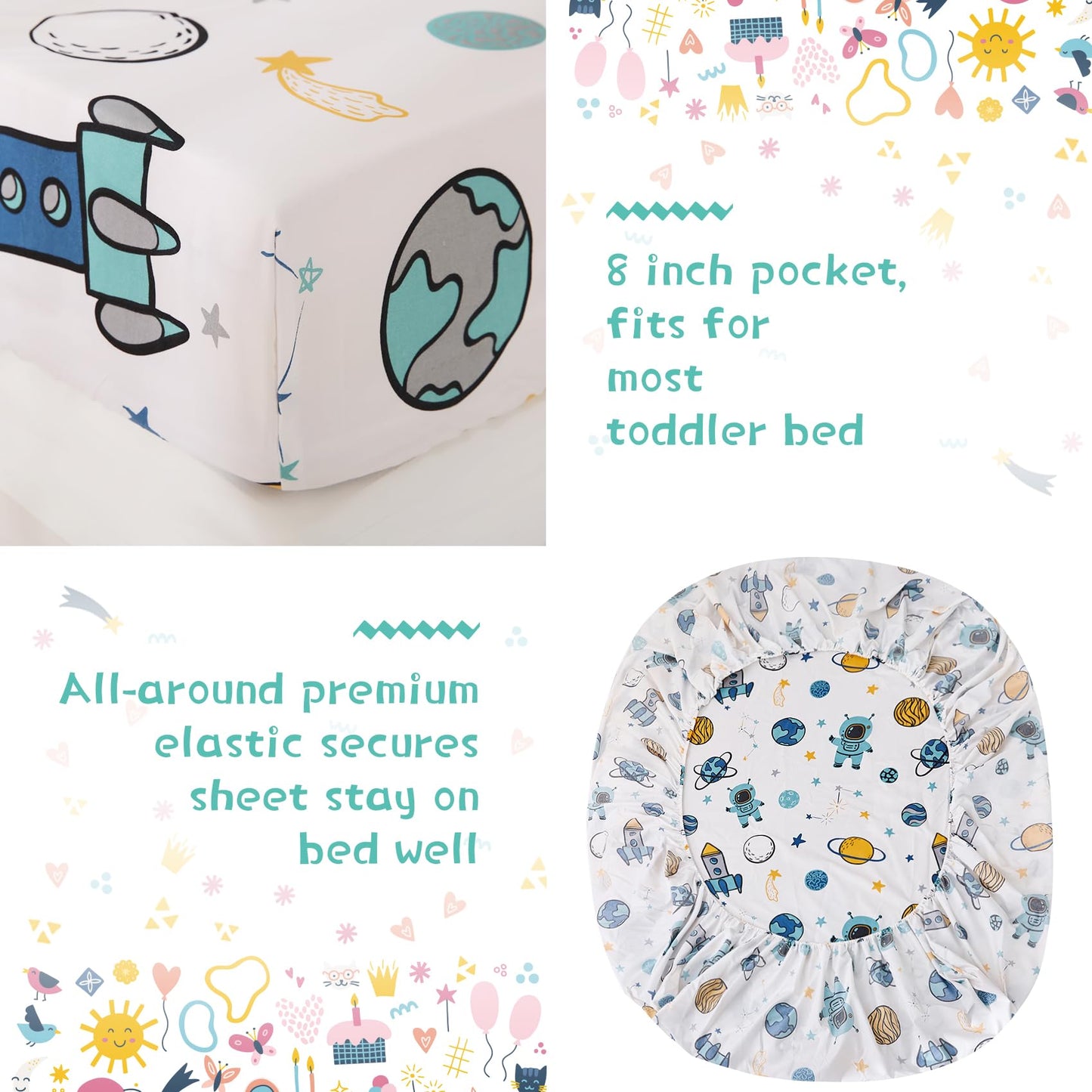 JSD Blue Astronaut Toddler Bedding Set, 4 Piece Space Theme Rocket Bed-in-a-Bag Toddler Comforter Sheet Set, Machine Washable