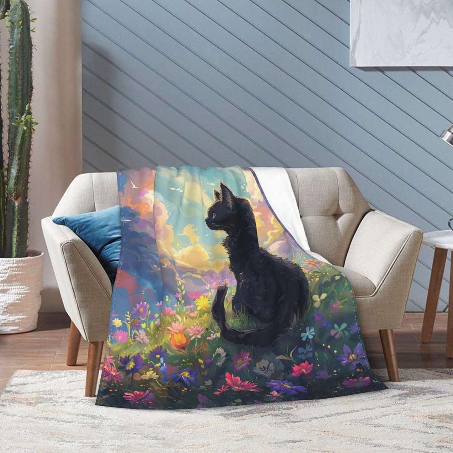 Cute Black Cat Throw Blanket Anime Cat Flannel Blankets Wild Landscape Fuzzy Plush Super Soft Cozy Warm Decor Gifts for Boys Girls Kids Adults Men Women 40" x 50"