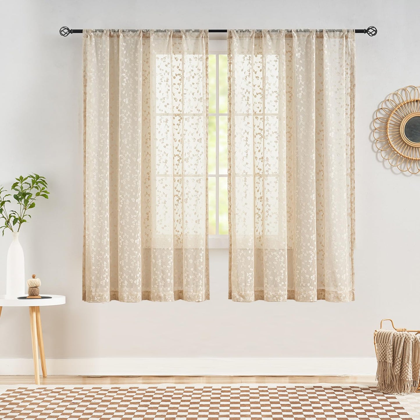 Jubilantex Beige Lace Sheer Curtains Embroidered Leaf Buds 63 Inches Long for Bedroom Textured Knitted Light Filtering Window Treatment Beige,52" W
