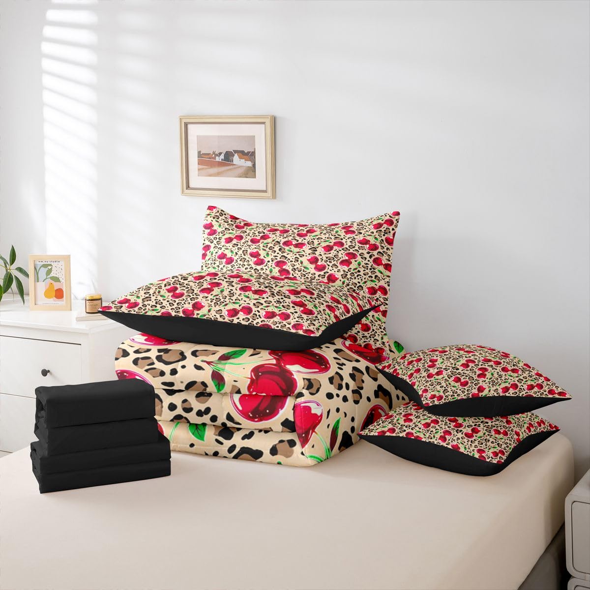 Erosebridal Cute Red Cherry Twin Size Bedding Set Y2K Retro Leopard Print 7 Pieces Comforter Set with Sheets for Women Girl Sweet Fruit Bed in a Bag Chic Animal Print Bed Sets