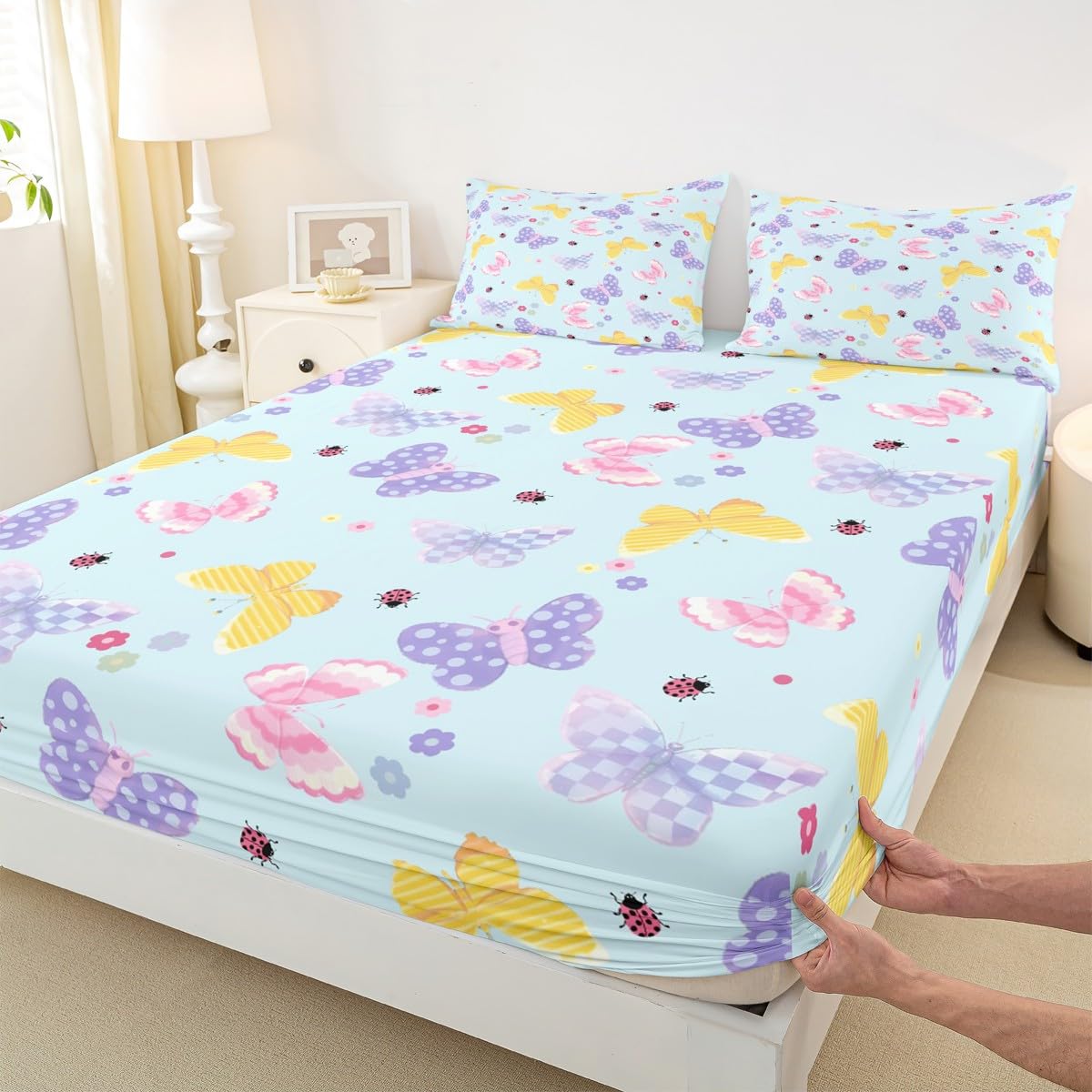 Feelyou Yellow Butterfly Fitted Sheet Twin Size for Kids Boys Girls Pink Butterflies Print Bed Sheets Set 16" Deep Pocket Cute Flowers Bedding with 1 Pillowcase Ladybug Room Decor