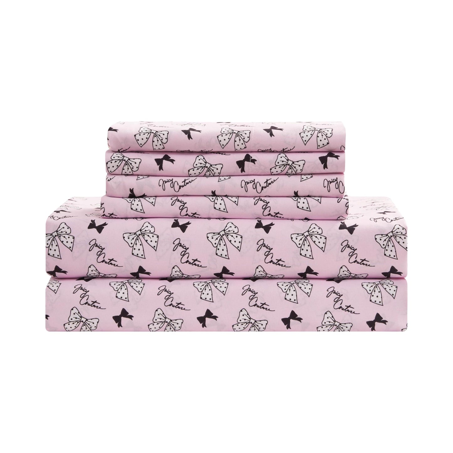 Juicy Couture Printed Microfiber 6-Piece King Sheet Set, Polka Dot Bow Toss Light Pink