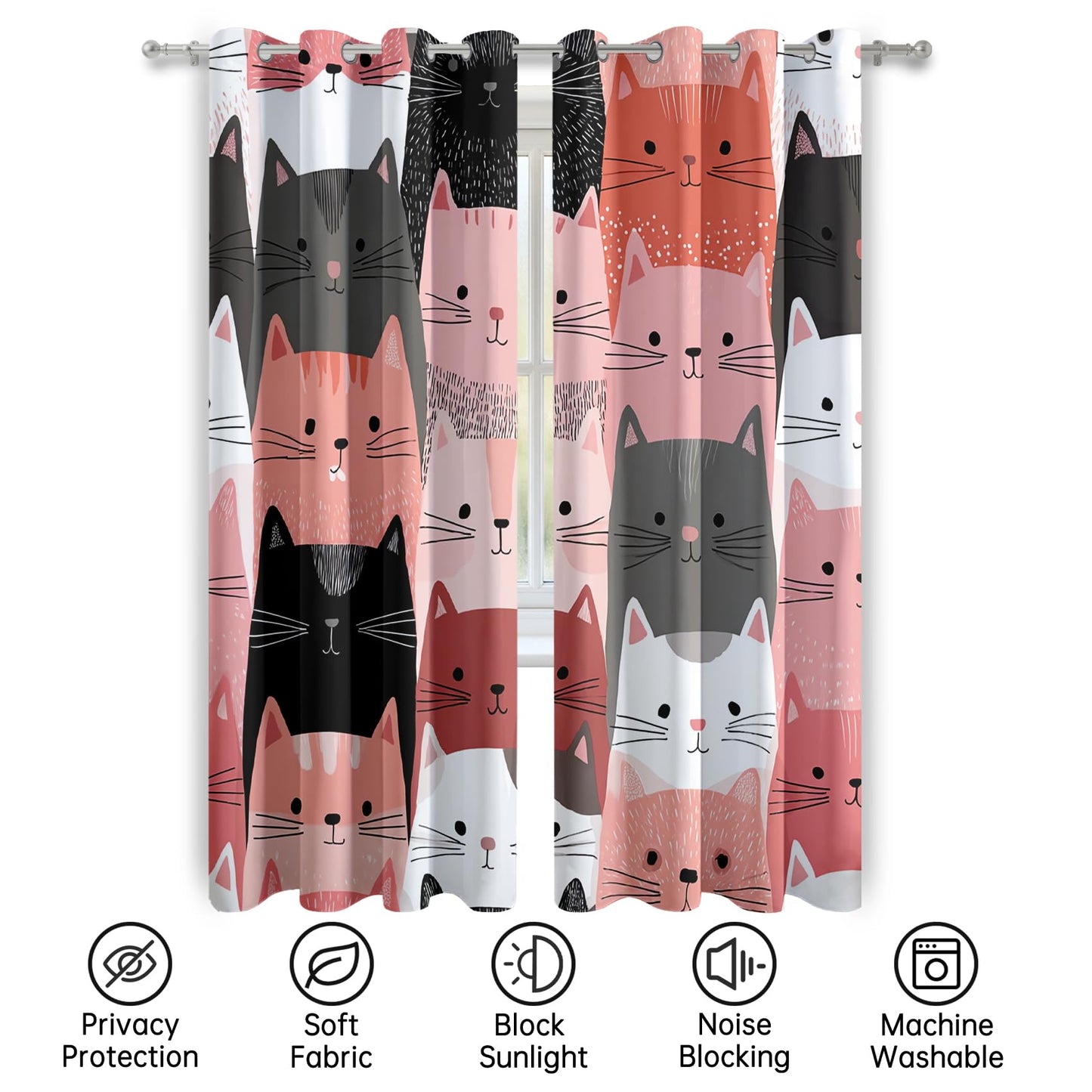 Mistwalk Girls Cute Kitten Blackout Curtains for Bedroom & Living Room, 84 Inch Curtains 2 Panel Set, Room Darkening Thermal Insulated Grommet Drapes, Kids Cat Lover Patterned Window Treatments