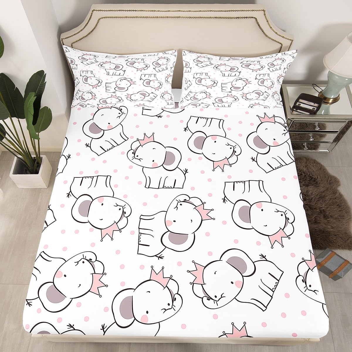 Feelyou Elephant Bed Sheet Set for Kids Boys Girls Teens Cute Elephant Print White Pink Cartoon Bedding Set Lightweight Microfiber Bed Cover Decor 3Pcs Fitted Sheet with 2 Pillowcases Full