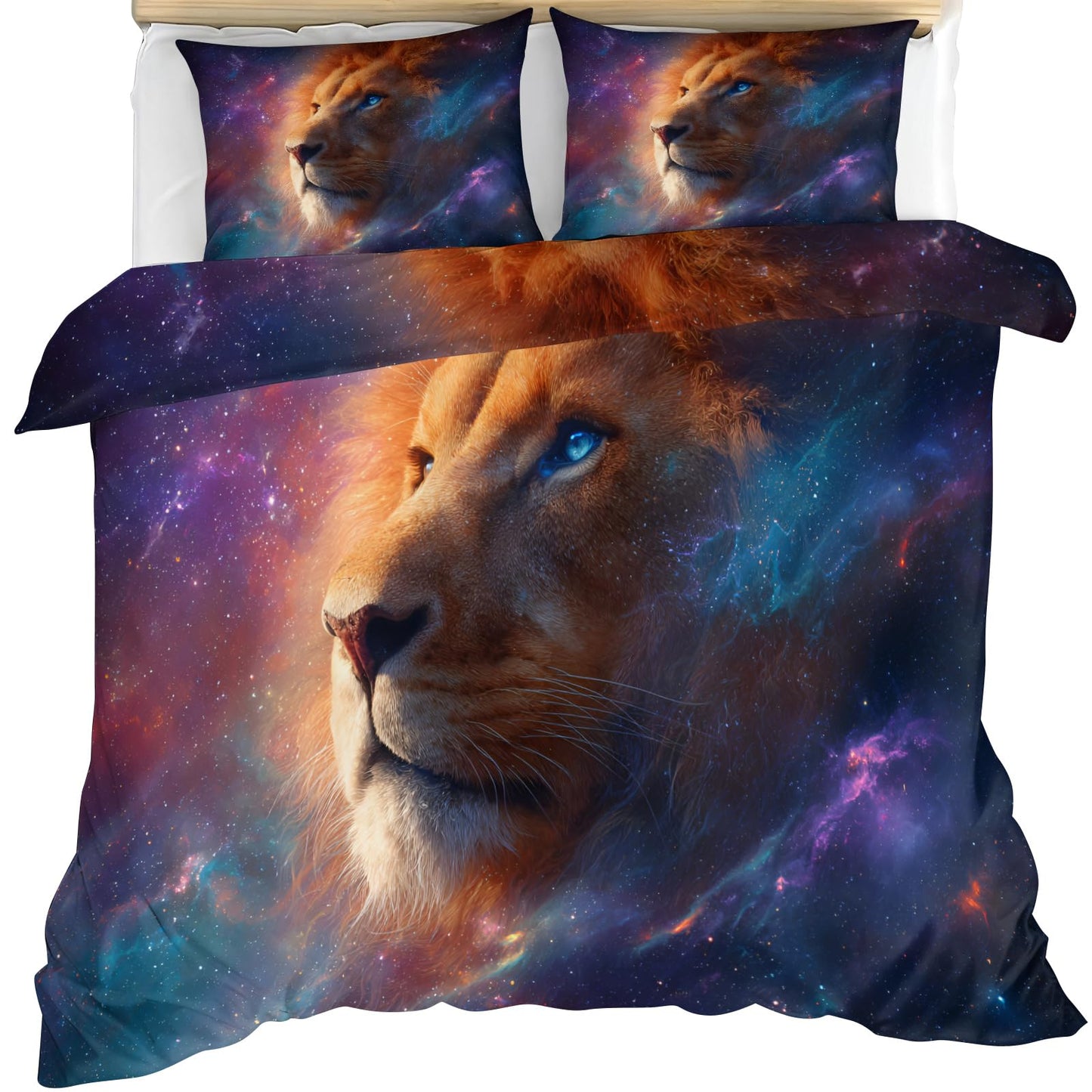 ZAOMIR Lion Duvet Cover Set & Corner Ties for Boys Teen, Space Fantasy Animal Bedding Set Twin for Adult Kids, Cosmic Nebula Galaxy Starry Sky Comforter Cover Reversible Bedding with 2 Pillowcases