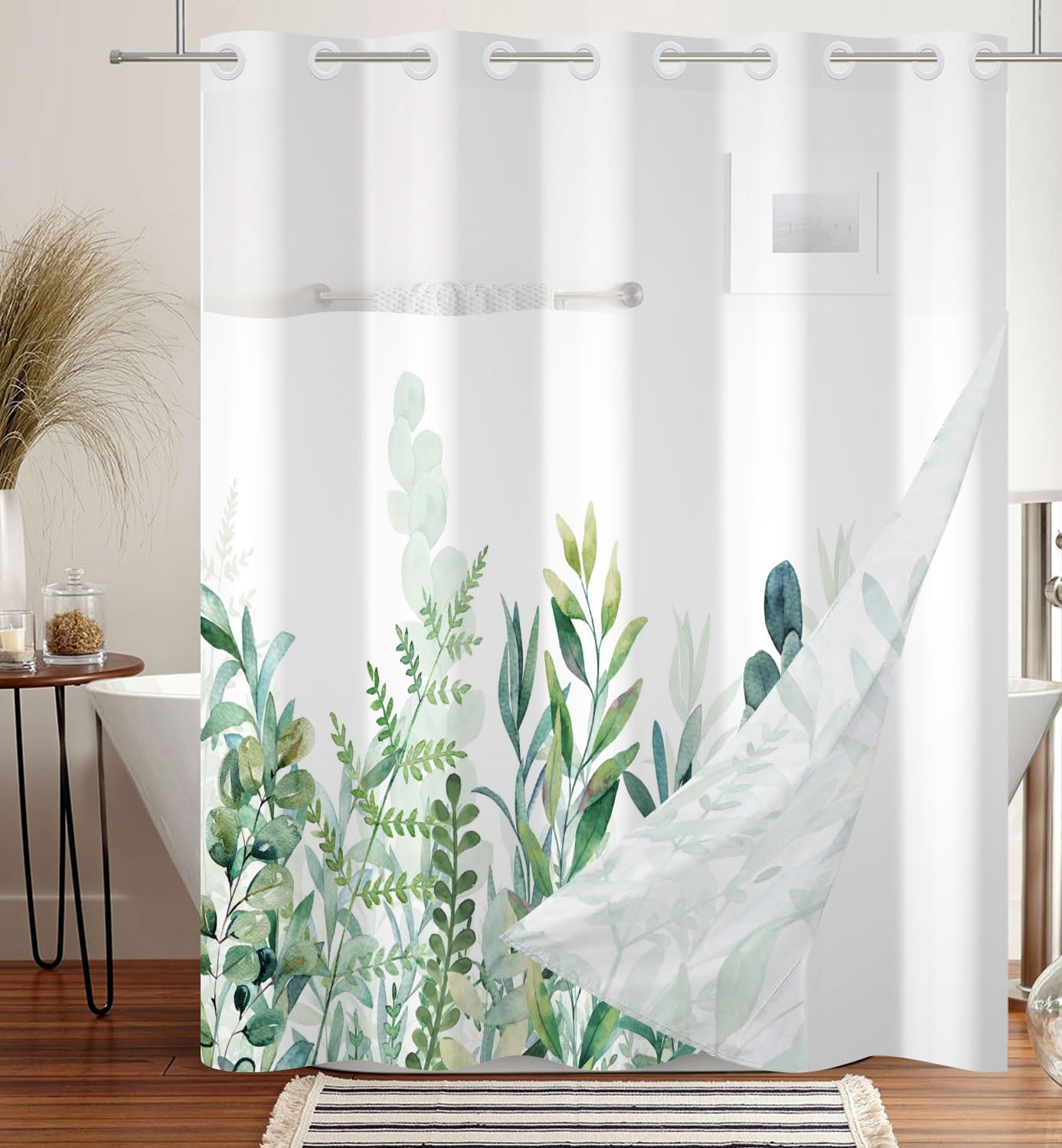 DASHAN No Hook Shower Curtain with Snap in Liner, Green Leaf Shower Curtains for Bathroom, Botanical Bath Curtain Sage Green Plant Fabric Bathroom Curtains 71"x74"