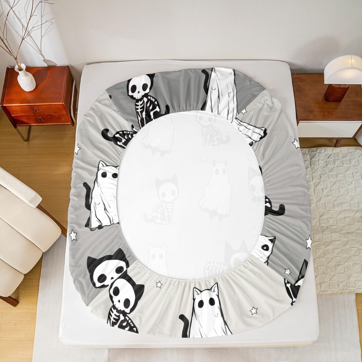 Ghost Cat Bedding Sets Queen Size,Happy Halloween Fitted Sheet 3Pcs for Kids Girls Boys Adult Room Decor,Cat Skeleton Bed Sheet Black Grey White Deep Pocket Sheet,2 Pillowcases