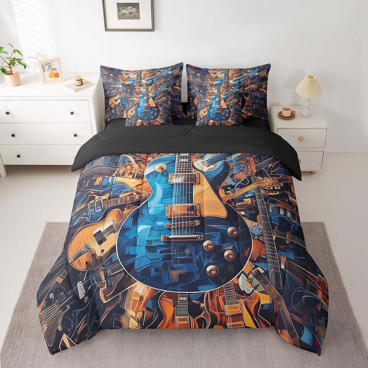 Feelyou Guitar Comforter Set with Sheets Queen Size Rock Music Bed in a Bag for Boys Girls Teens Blue Brown 7 Pieces Bedding Set Soft Lightweight Microfiber
