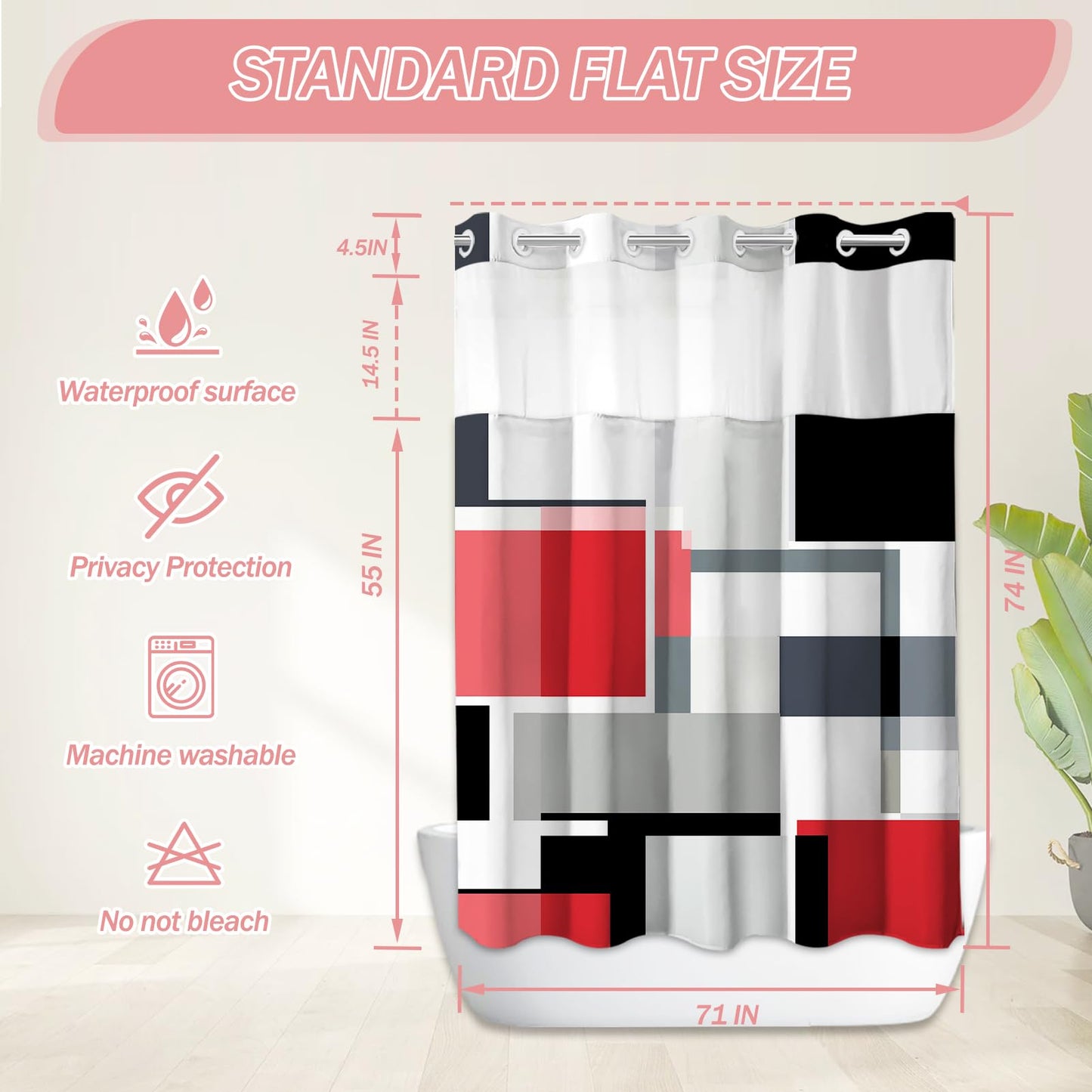 Red Hookless Shower Curtain Set with Snap in Liner, Red Black White Bathroom Decor, 71x74 Inches, Geometric Bathroom Curtain with Liner and See Through Top Window
