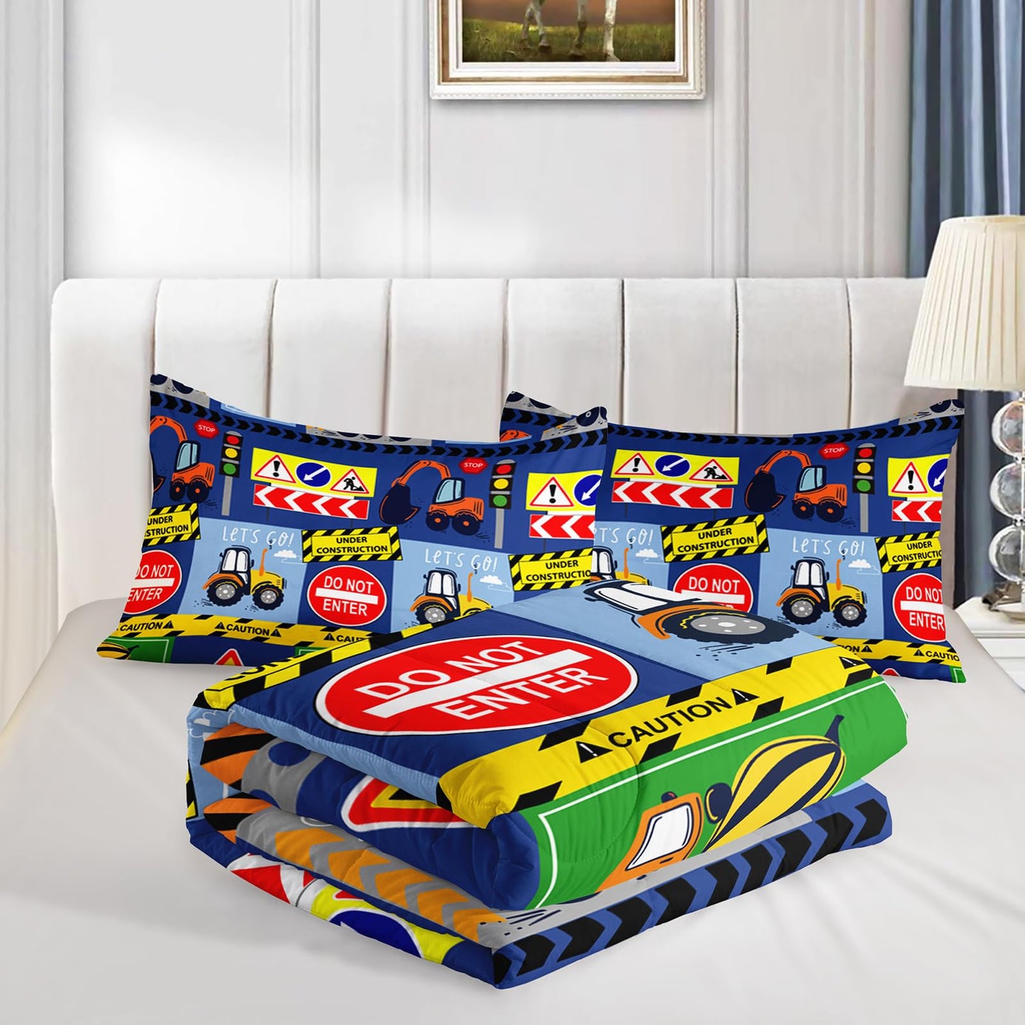 QOOMO 3Pcs Construction Comforter Set Twin,Excavator Bedding Set for Teens Boys Girls,Tractor Printed Comforter with 2 Pillowcases,Down Alternative,Soft and Lightweight