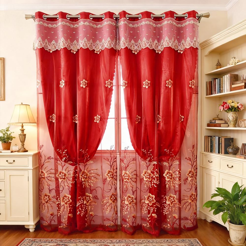 Amidoudou 1 Pair European Double Layer Curtains for Living Room Bedroom Luxury Flower Embroidered Curtains with Valance (Red,52x95 Inch)