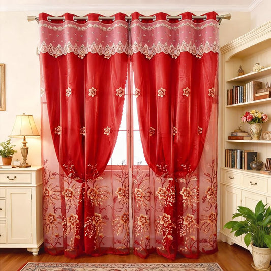 Amidoudou 1 Pair European Double Layer Curtains for Living Room Bedroom Luxury Flower Embroidered Curtains with Valance (Red,52x95 Inch)