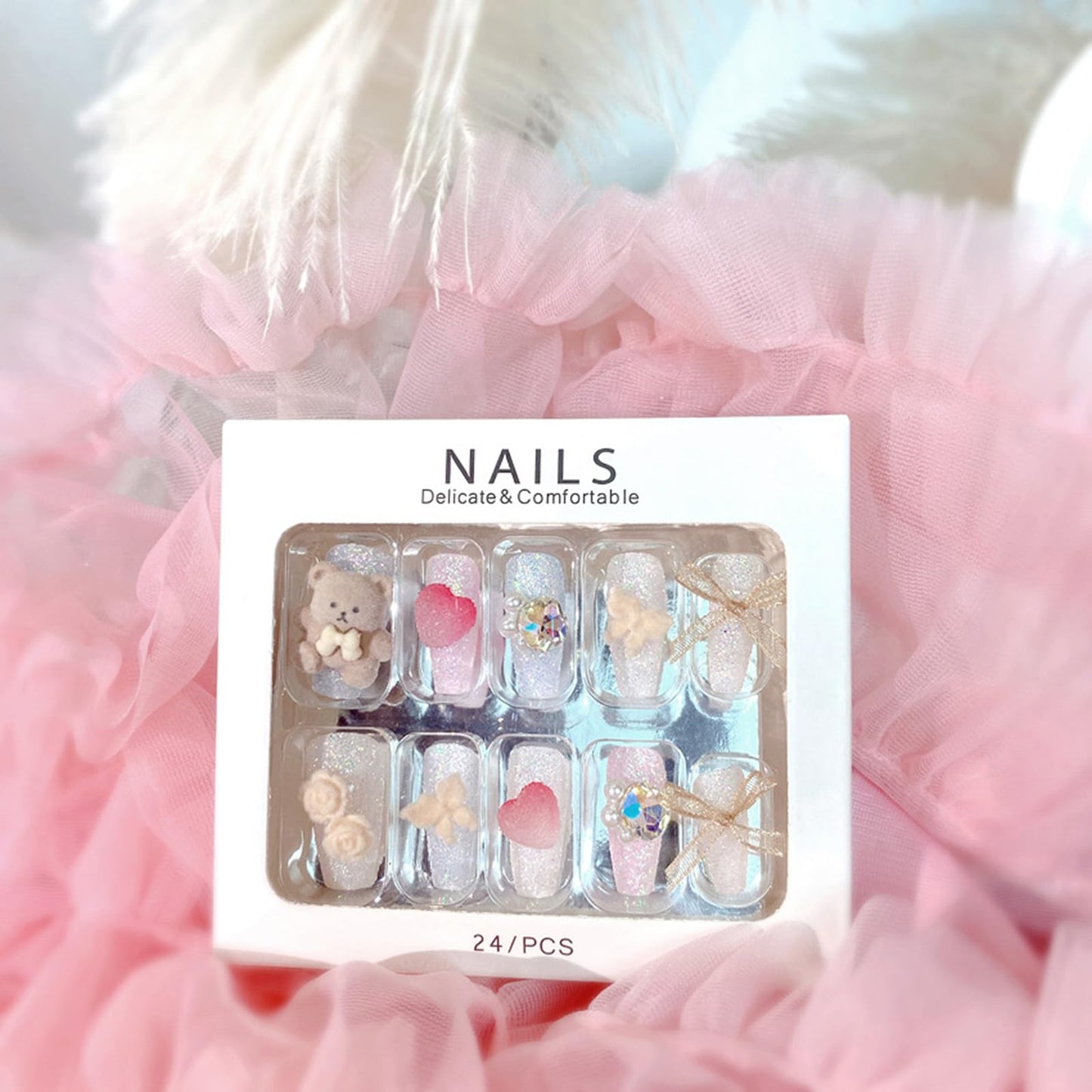 SINHOT Luxury Press on Nails - Long Coffin Fake Nails 3D Handmade Cute&Candy Reusable False Nails with Rhinestone Designs,DIY Artificial Nail Art, 24pcs