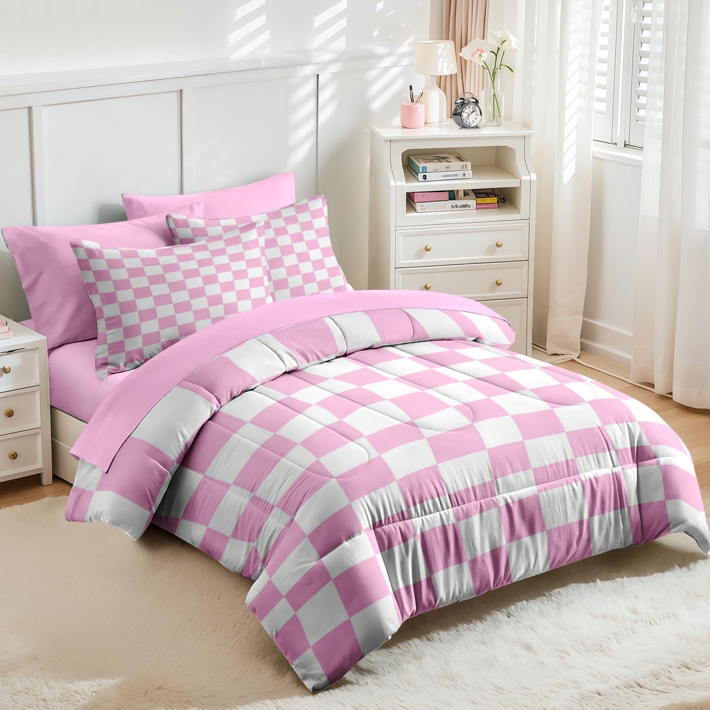 Nesker Comforter Set King Size, Light Pink Plaid Gingham 7 Pcs Bedding for Kids and Adults, Checkerboard Grid Bed Sheet Sets with Fitted Sheet 2 Pillowcases & 2 Shams