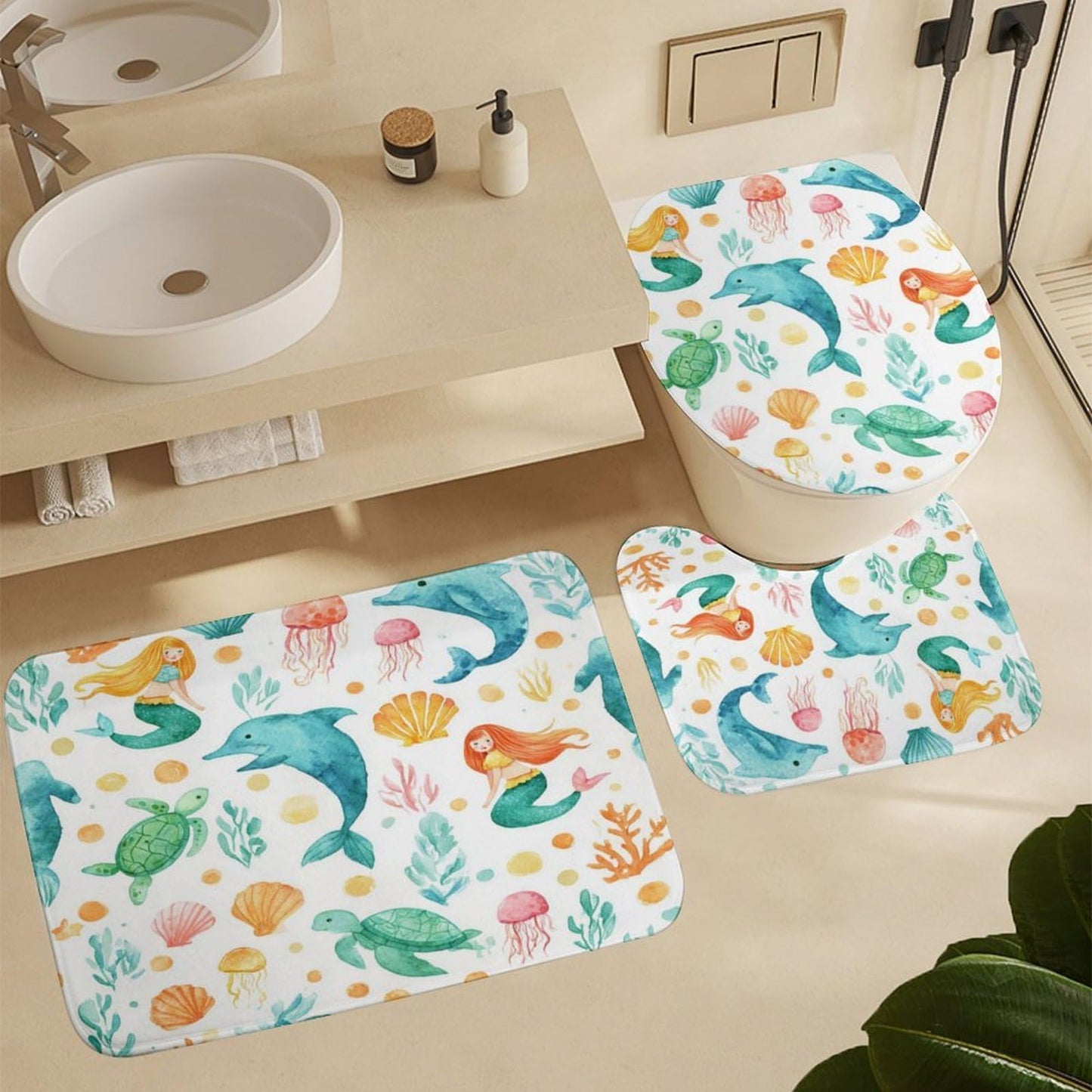 INSFBRB Cartoon Cute Dolphin Shower Curtain Sets with Rug,Toilet Lid Cover and Bath Mat,Watercolor Colorful Sea Dolphins Sea Turtle Jellyfish Seashell Mermaid 4 Piece Bathroom Set