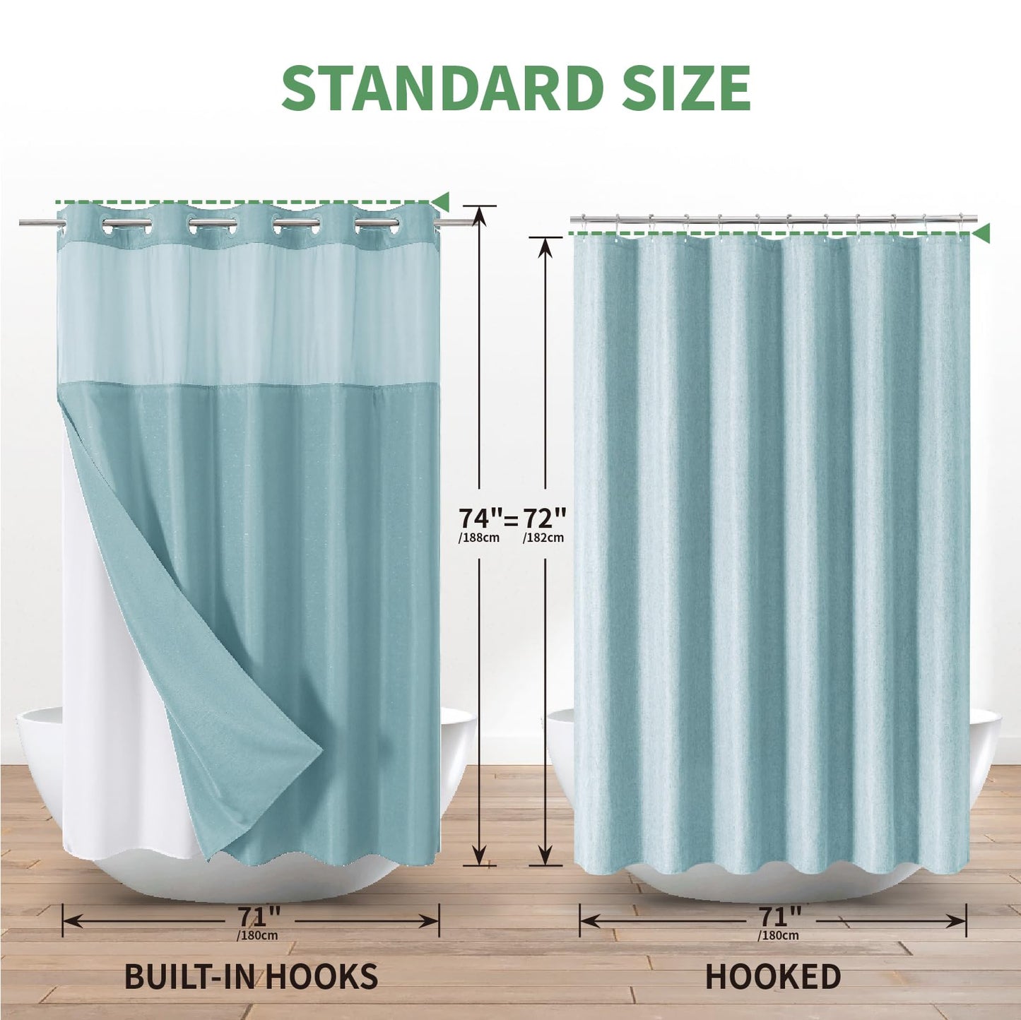 eachope Teal No Hook Shower Curtain with Snap-in Fabric Liner Set,Slub Textured Fabric Shower Curtains for Bathroom,Hotel Style Modern Shower Curtain,Water Repellent & Washable,71x74(72)