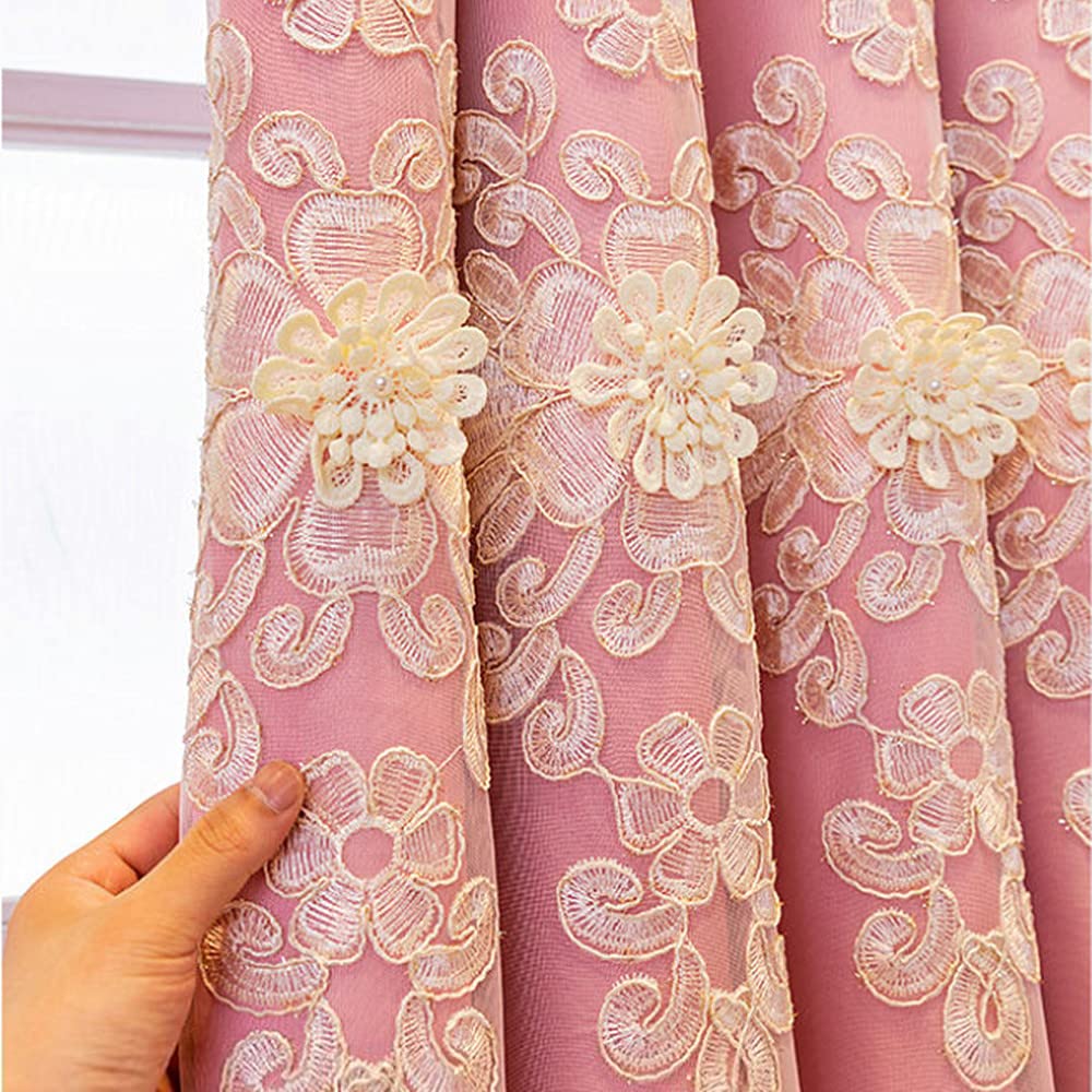 Amidoudou 1 Pair European Double Layer Curtains Luxury Embroidered Curtains for Living Room Bedroom (Pink,52x96 Inch)